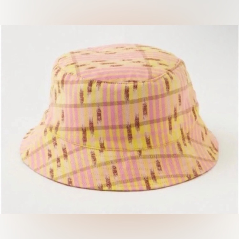 Aerie 100% Cotton Jacquard Reversible Bucket Hat One Size Pink Yellow